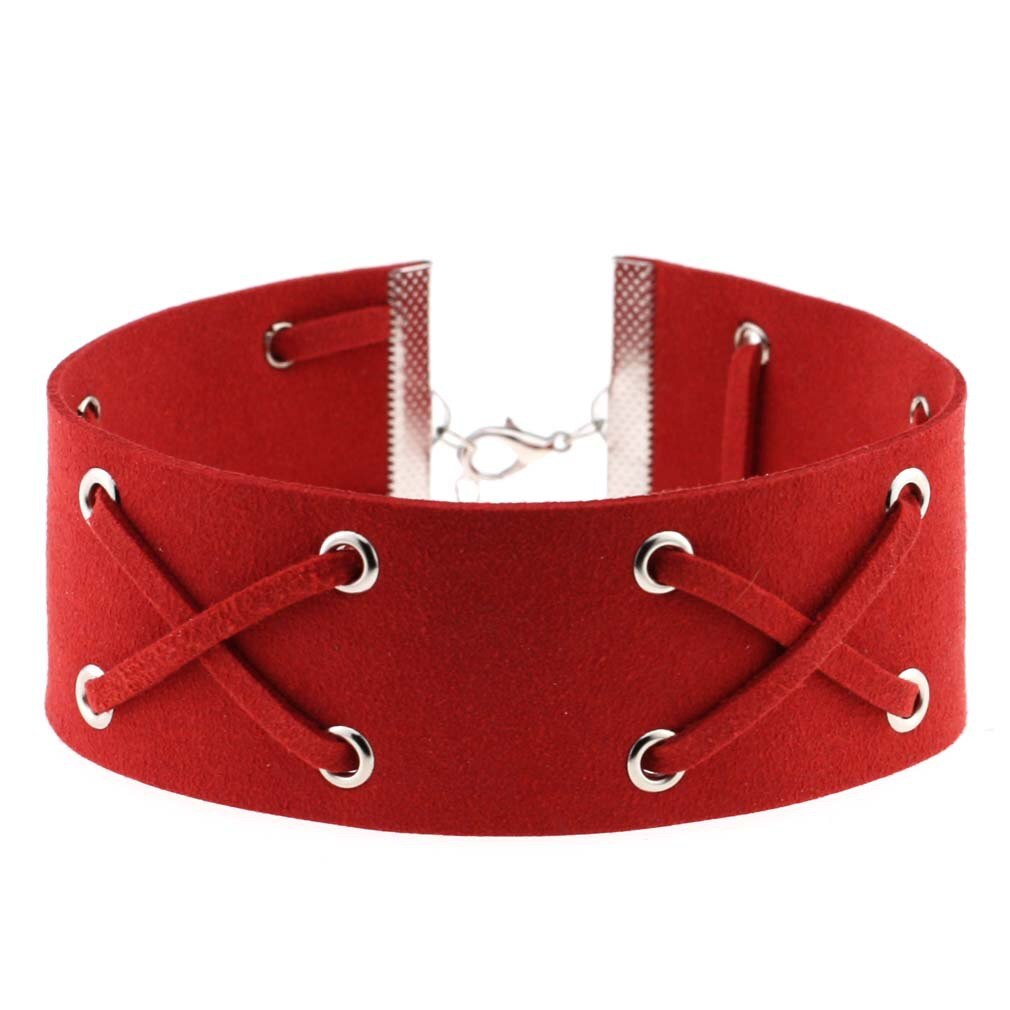 Decopunk Handmade Neo Gothic Hippie Wide Leather Wrap X Charm Silvery Lobster Buckle Adjustable Choker Necklaces For Women: Red