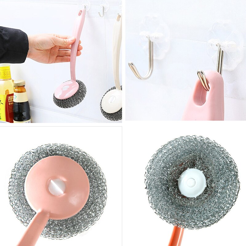 Stainless Steel Wire Ball Brushes Long Handle Wash Pot Bowl Tableware Brush Household Kitchen Brush Scrubber Cleaning Ball Tool