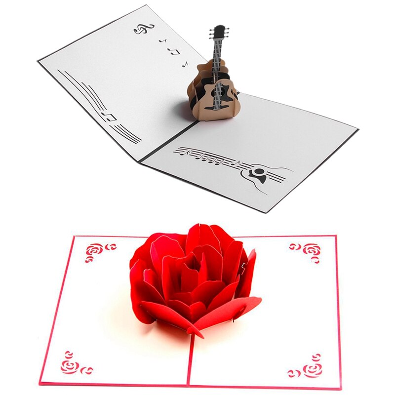2 sets 3d - up cut oude kaart gitaar ansichtkaart verjaardag gelukkige wenskaart zwart & rood