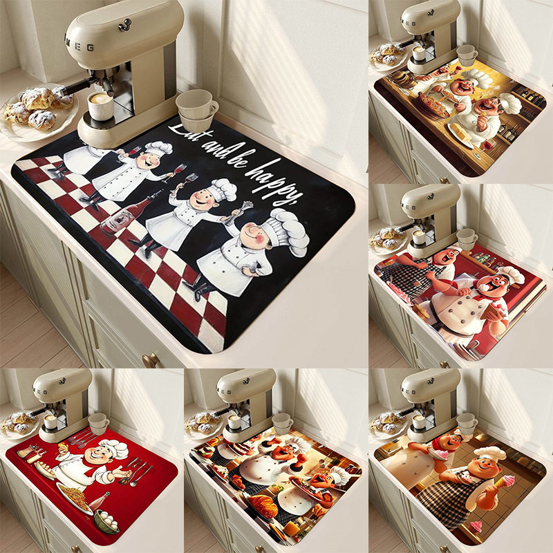 Tapis de cuisine imprimé Chef drôle, tapis de séchage de la vaisselle, napperon de table antidérapant, fournitures de cuisine rétro, décoration de la maison