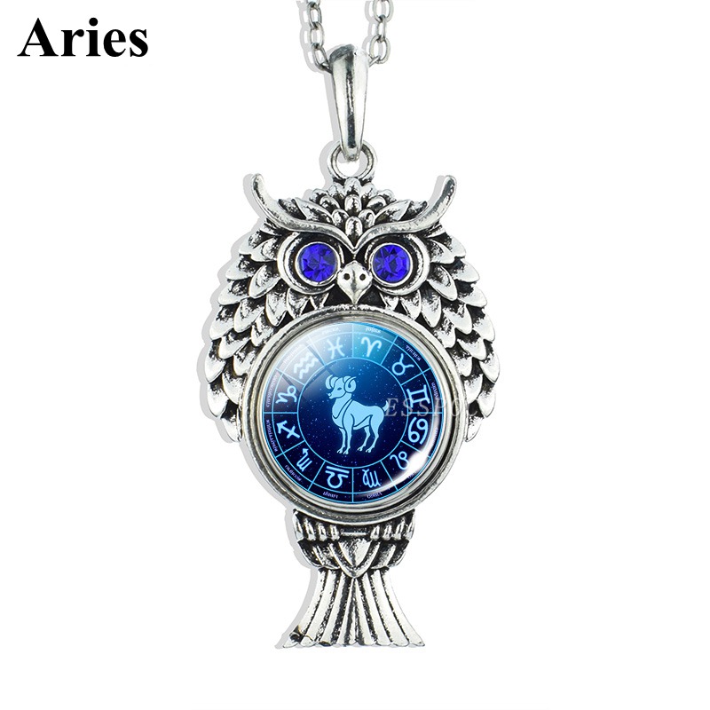 Cute Owl Pendant Stainless Steel Owl Necklace 12 Zodiac Signs Aries Taurus Gemini Cancer Leo Scorpio Constellation Jewelry