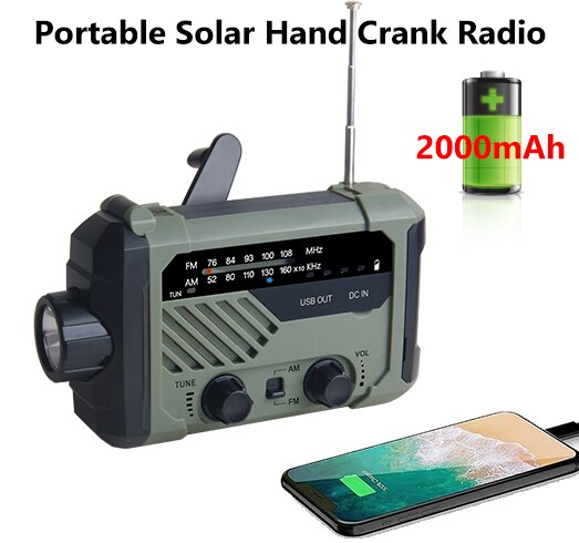 Radio portátil de mano con manivela AM, FM, lámpara Solar de lectura de emergencia, alarma de SOS, Batería Externa de 2000mAh para cargador de teléfono