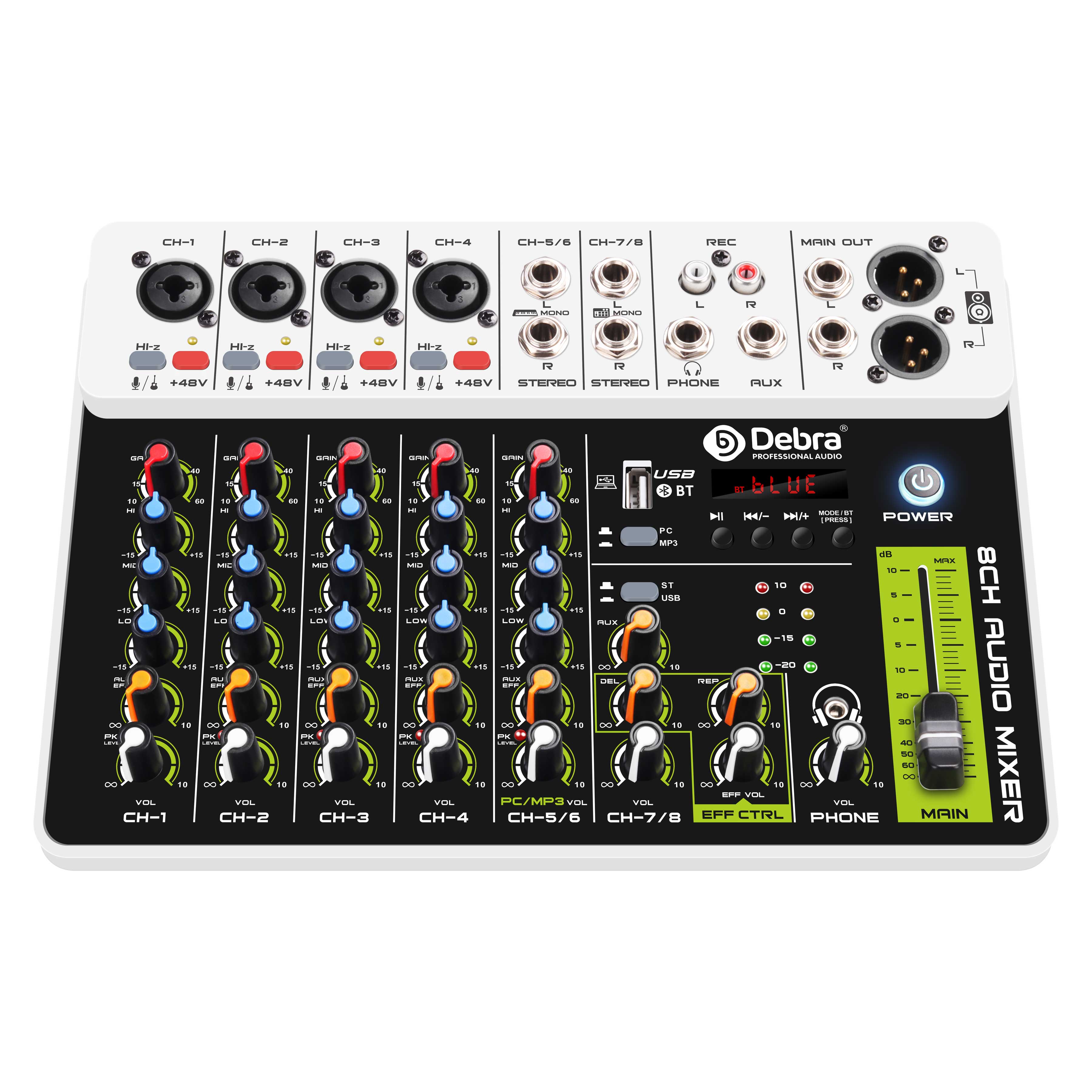 Debra V8 8 Kanäle Audio Mixer mit Bluetooth USB 48V Phantom Power Verzögerung Wiederholung Effekt für Sound Mischpult PC Aufnahme: Black