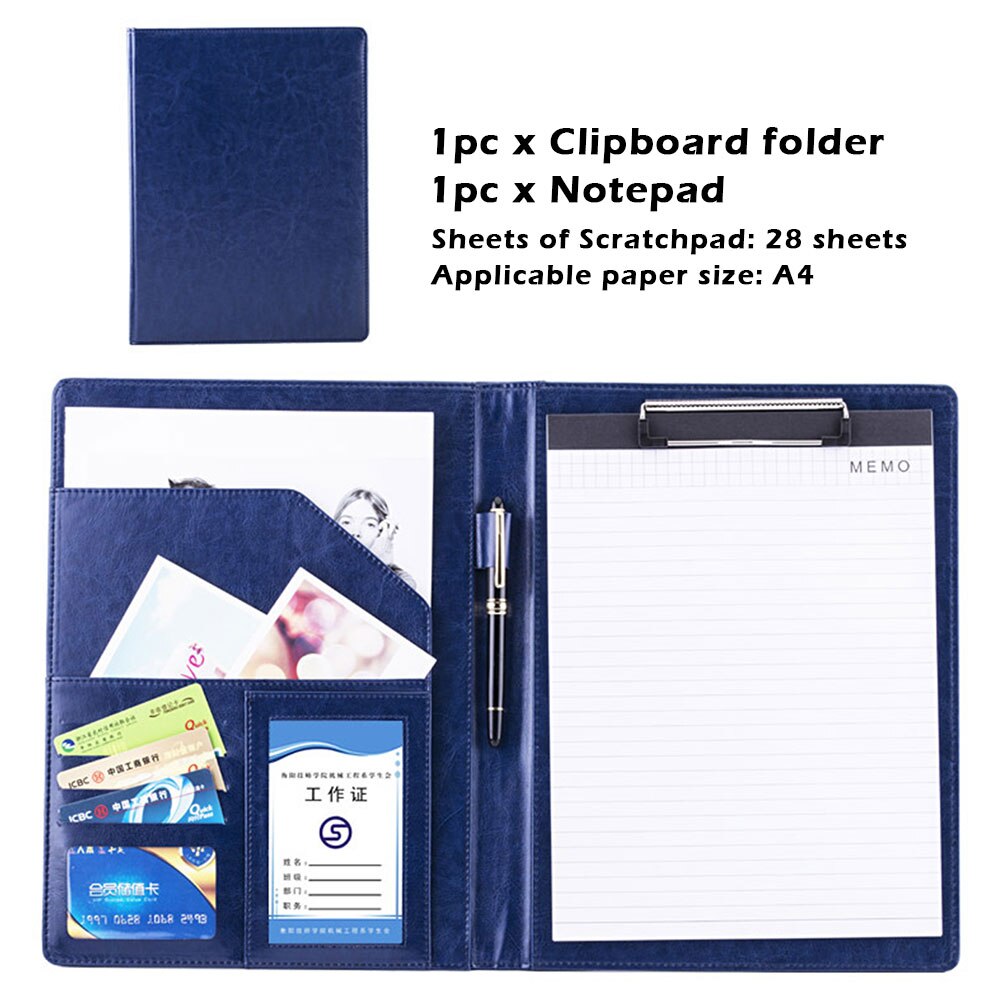 A4 Multifunctional Folder Card Storage With Notepad Clipboard Folder A4 File Multi Pocket Learning Office Supplies Note Book: Blue