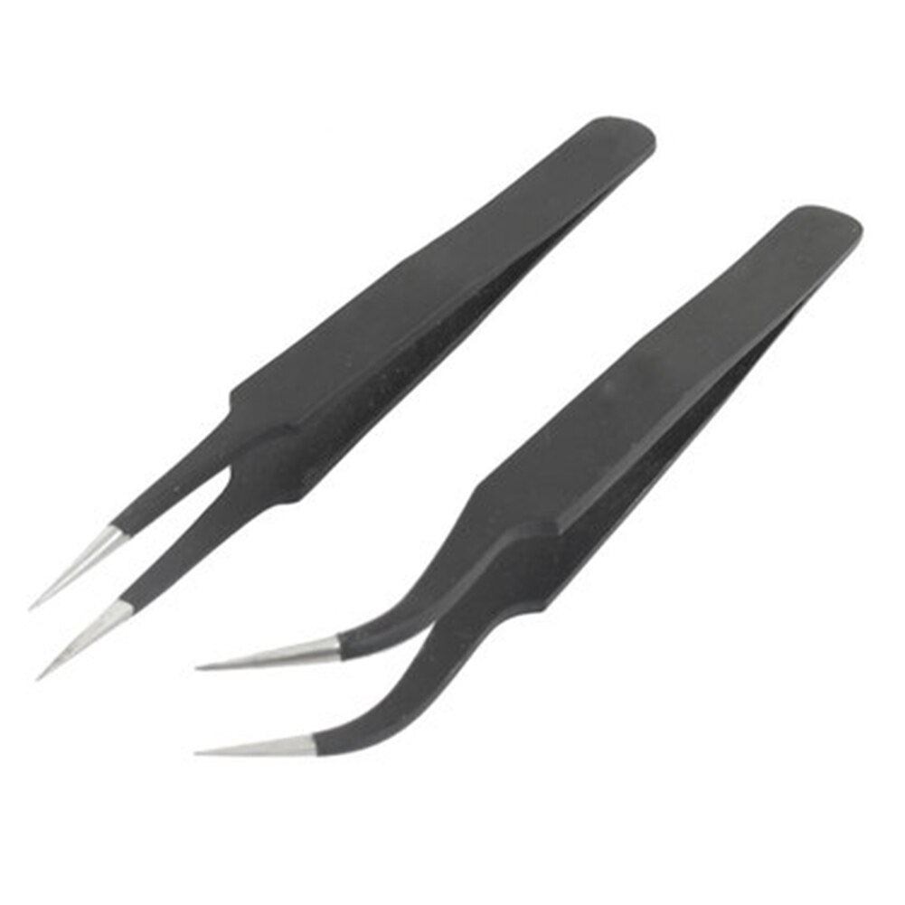 2Pcs Anti-Magnetische Antistatische Gebogen Rechte Tips Tweezer Rvs Gebogen Black Nail Art Tweezer Hand Picking Tool: Default Title