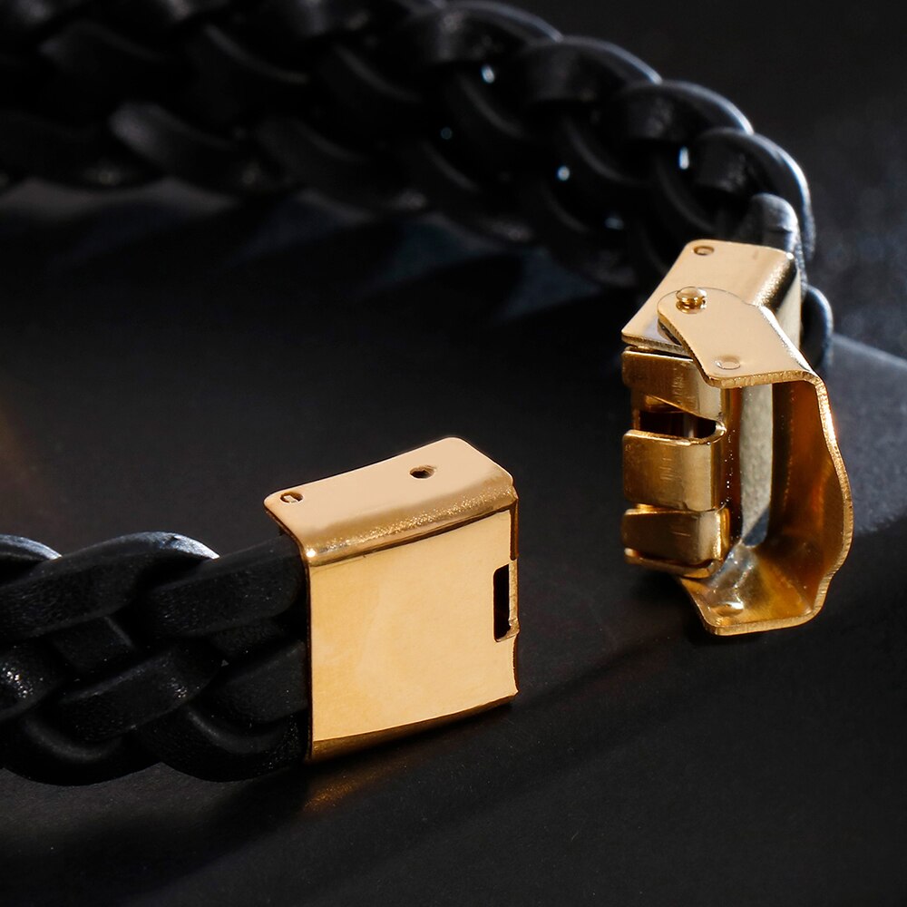 Vintage sieraden, gouden roestvrijstalen polsbandjes voor jongens, 13mm brede gevlochten leren armbanden voor mannen, zwarte armbanden