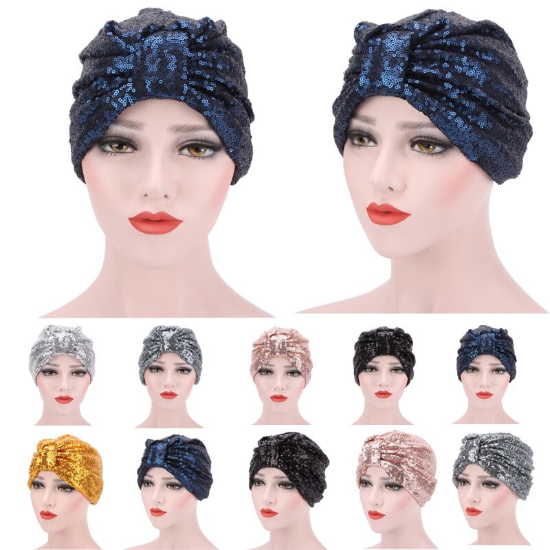Couvre-tête à motif de paillettes pour femmes, Turban, Bonnet, chapeau, écharpe musulmane, casquette, nœud rond réutilisable, Harajuke