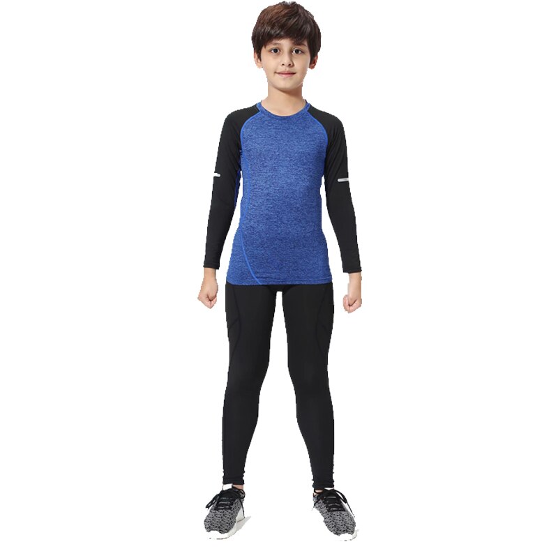 Jongens Running Pak Basketbal Compressie Leggings Fitness T-shirt Lange Mouwen Winter Outdoor Jogging Pak Trainingspak: Blauw / XXS
