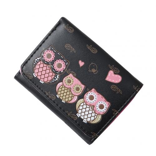 Porte-monnaie en Faux cuir pour femmes et filles, Mini portefeuille à trois volets, motif de hibou de dessin animé: Black