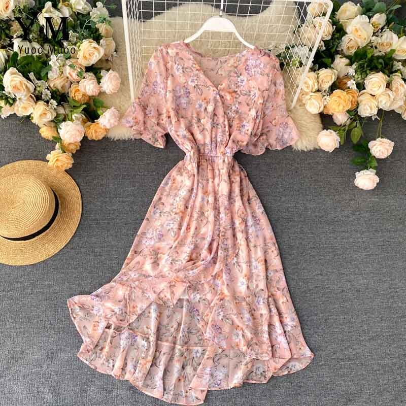 Yuoomuoo Bloemenprint Tube Chiffon Jurk Vrouwen Mode Elastische Taille Ruches Midi Jurk Zomer Lady Chic Strand Jurk: Roze