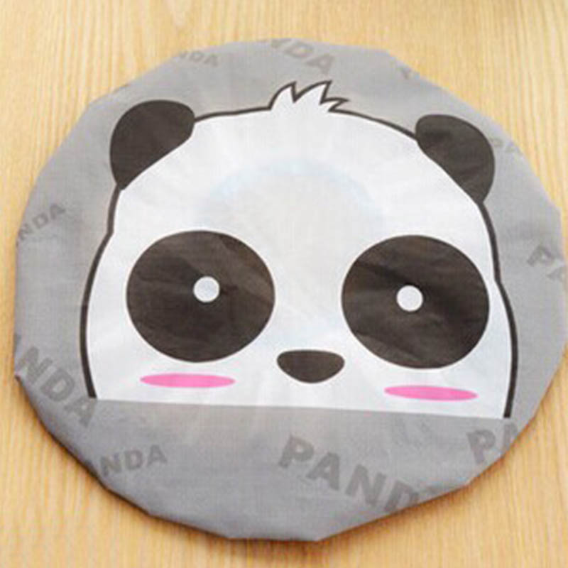 Gorra de baño para la ducha con dibujos animados, gorro de encaje elástico para baño y saunas, gorro para spa, protección para el cabello para niños y mujeres: Grey Panda