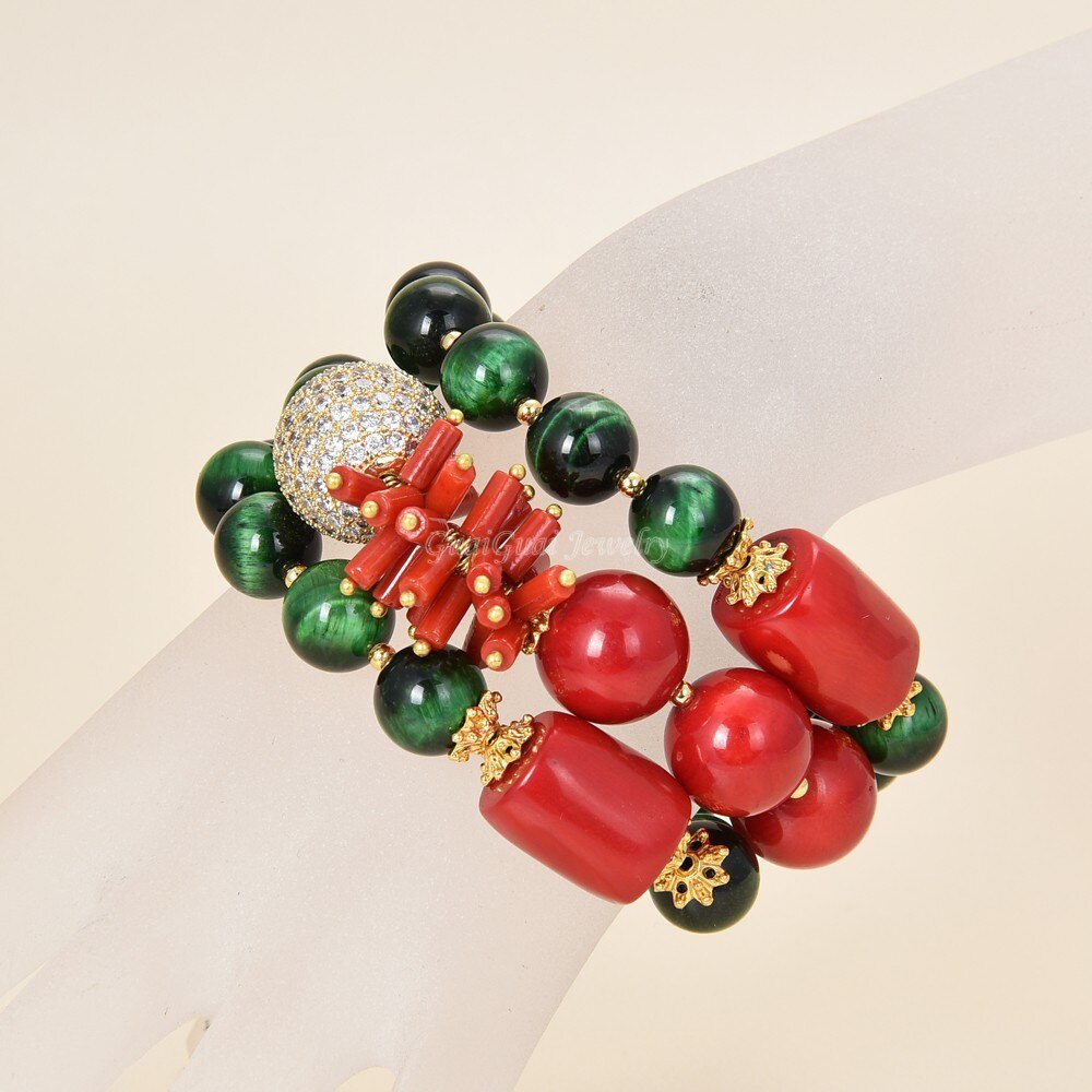 Gg Sieraden 8 "3 Strengen Groene Tigers Eye Red Coral Cz Pave Kralen Armband