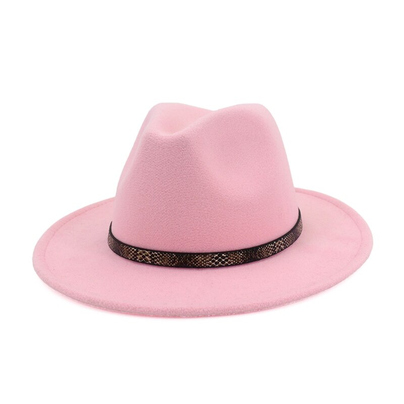 QBHAT femmes hommes à large bord laine feutre chapeau disquette Jazz casquette Panama Fedora chapeaux avec serpent Grain cuir Trilby QB57