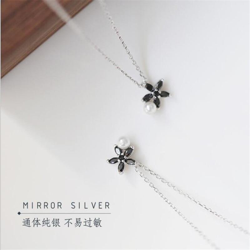 Personality Black Cute Little Daisy 925 Sterling Silver Jewelry Flower Pearl Clavicle Chain Pendant Necklaces H564