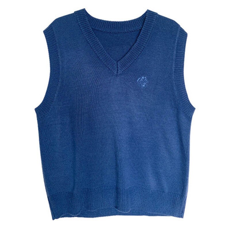 Chaleco de punto holgado sin mangas bordado de estilo colegial japonés, 8 colores , chaleco, suéteres de punto para mujer (X1135): Azul marino
