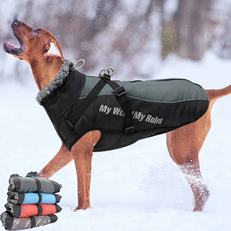 Waterdichte grote hondenkleding Winterhondjas met harnas Harige kraag Warme huisdierkleding Grote hondenjas Labrador Bulldog-kostuum