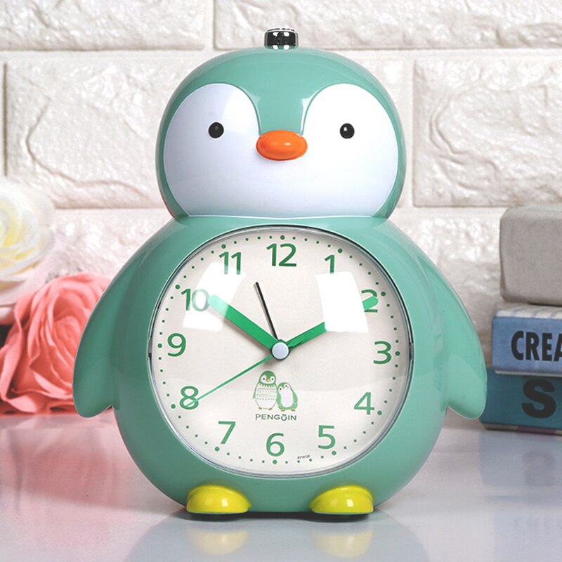 Little penguin student cartoon silent night light bedside bedroom can talk children music multi-function alarm clock: green