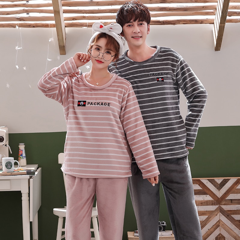 Winterpaar lange mouwen casual gestreepte dikke warme flanellen pyjamasets voor dames koraal fluwelen nachtkleding pyjama heren homewear kleding