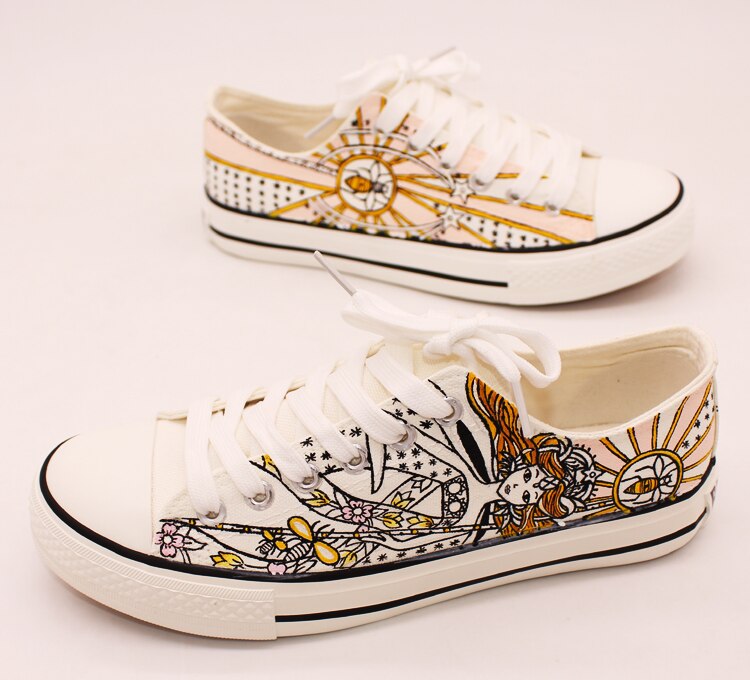 Casual canvas schoenen dames handbeschilderde sneakers canvas schoenen lage top platte zool vetersluiting herfstnieuws antislip maat 35-44