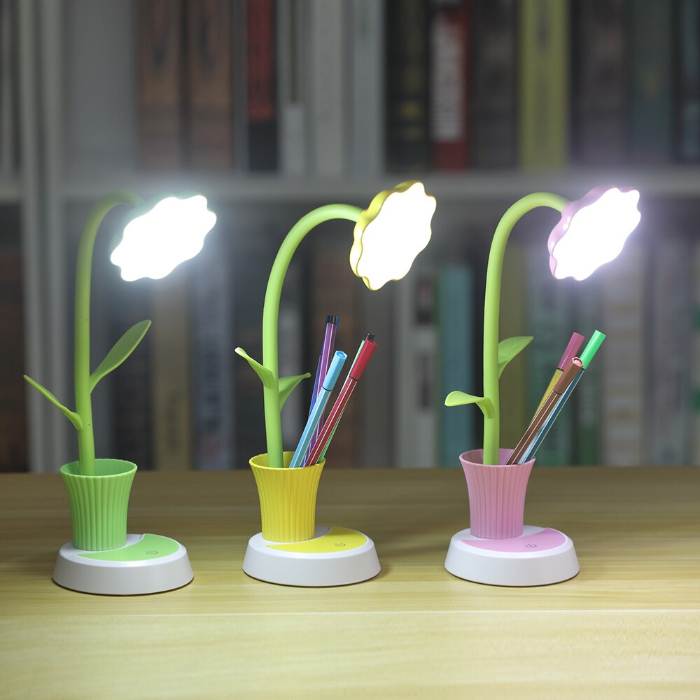 Kids Lamp LED Bureaulamp Touch Control Dimmen Licht Flexibele USB Oplaadbare Studeren lampen met Potlood Houder Zon bloem roze