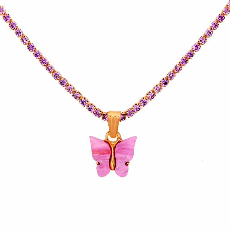 Trendy 2mm AAA Zircon Tennis Chain Necklace For Women Blue Pink Butterfly Pendant Necklace Hip hop Rock Jewelry: 031904PP