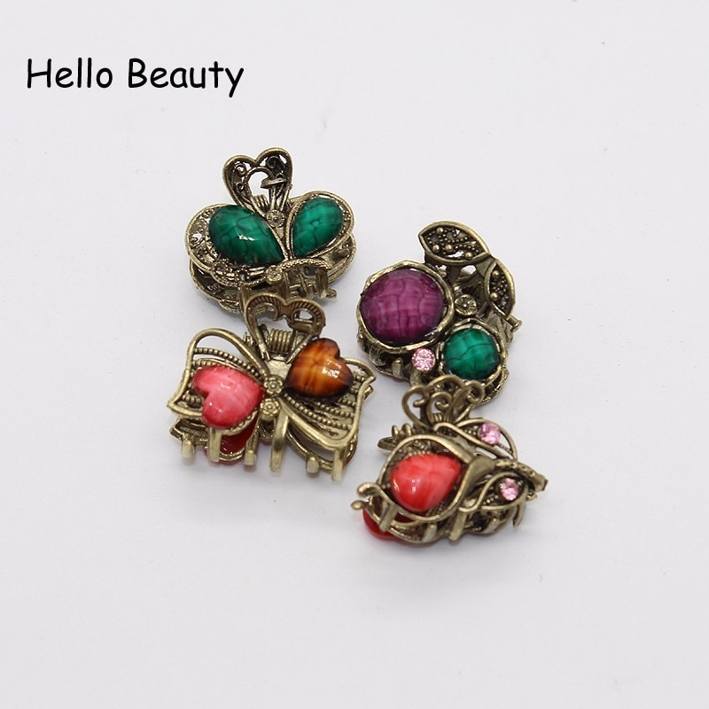 12 PCS Vintage Metal Crystal Flower Butterfly Mini Hair Claws Small Rhinestone Hair Jaw Clip Charm Hair Accessories For Women