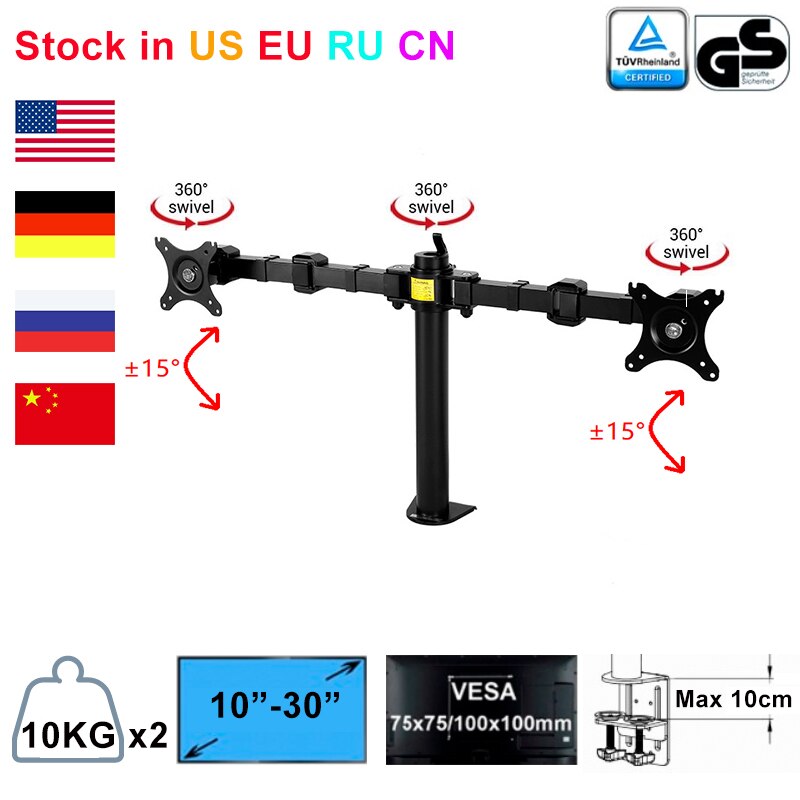 Dual Monitor Arms Holder Fully Adjustable Desk Mount Stand for Two LCD Screens Fit for 10&quot;-30&quot; Max Support 10KG Weight Per Arm