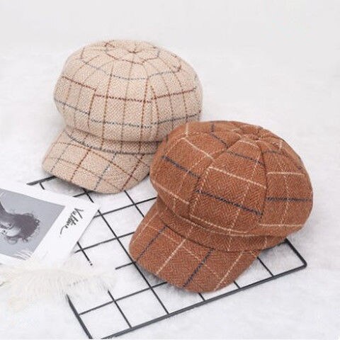 Falll Winter Plaid Wool Newsboy Hat for Women Octagonal Newsboy Cap Ladies French Disigner Hat Casual Hat Girls Painter Cap