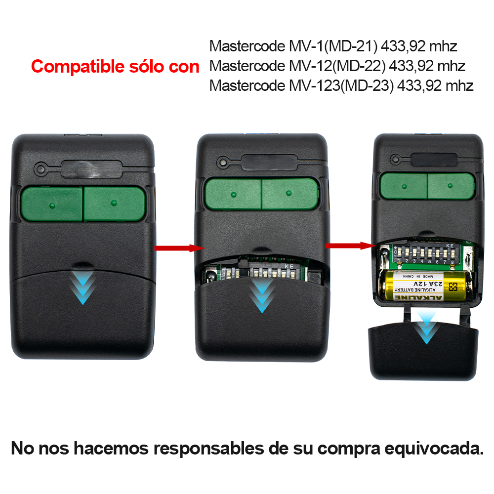 Clemsa Mastercode MV12 Mando a distancia para puerta de garaje, Compatible con CLEMSA MASTERCODE MV-1, MV-12, MV-123, MV1, MV12, MV123, MD-21, MD-22, 433,92 MHz