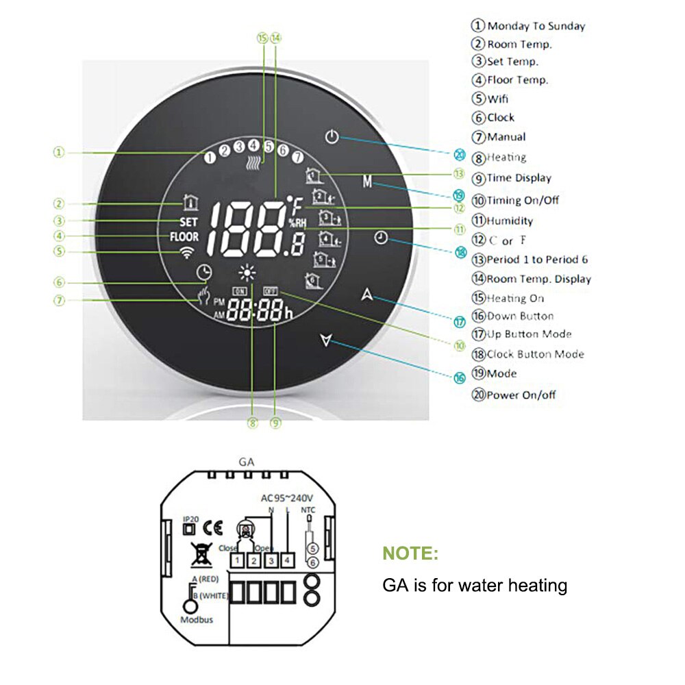 Water Heating Energy Saving Smart Thermostat with Touchscreen LCD Display Weekly Programmable Room Temperature Controller