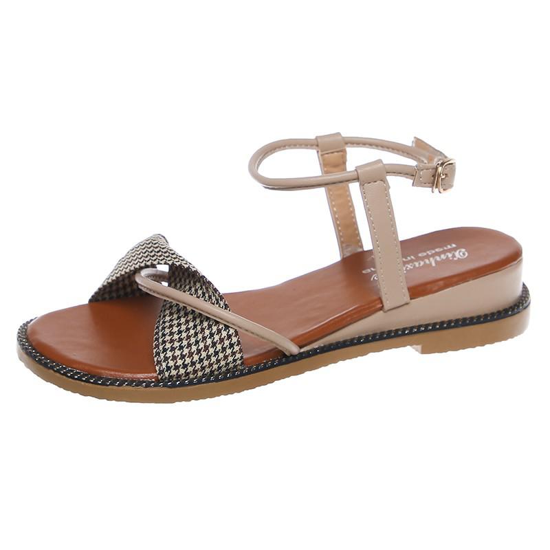Dam sandaler snörning platt spänne sandaler tofflor dam högklackat tofflor runda huvuden sandaler festskor storlek 35-40: Kaki / 40