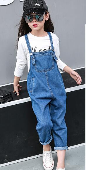 Piger denim jumpsuit overalls koreanske børnebukser casual harlan bukser til børn baby piger jeans 3 4 5 7 8 10 12 år: Blå / 7t