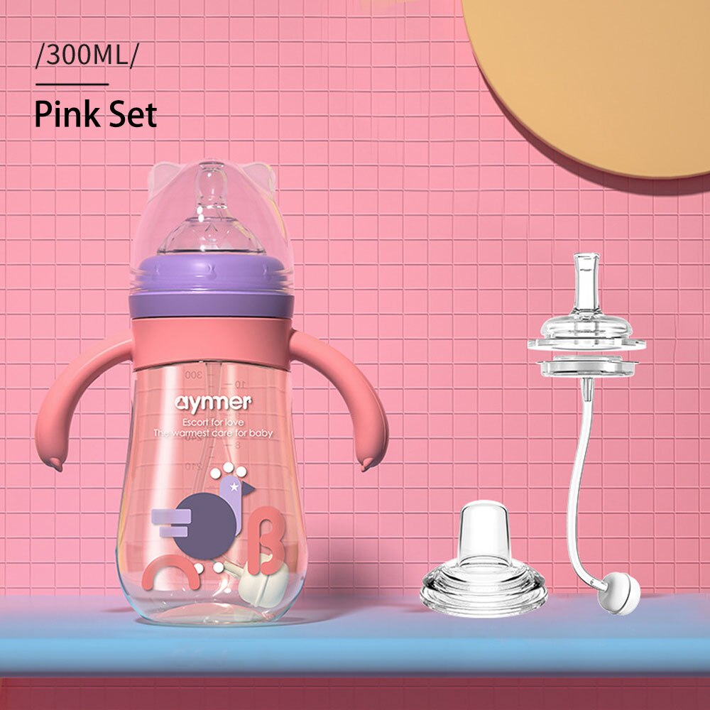 Biberon anti-fuite sans BPA pour bébé, gros calibre, bec de canard, eau, lait, PPSU, avec paille en Silicone: Pink Set 300ml