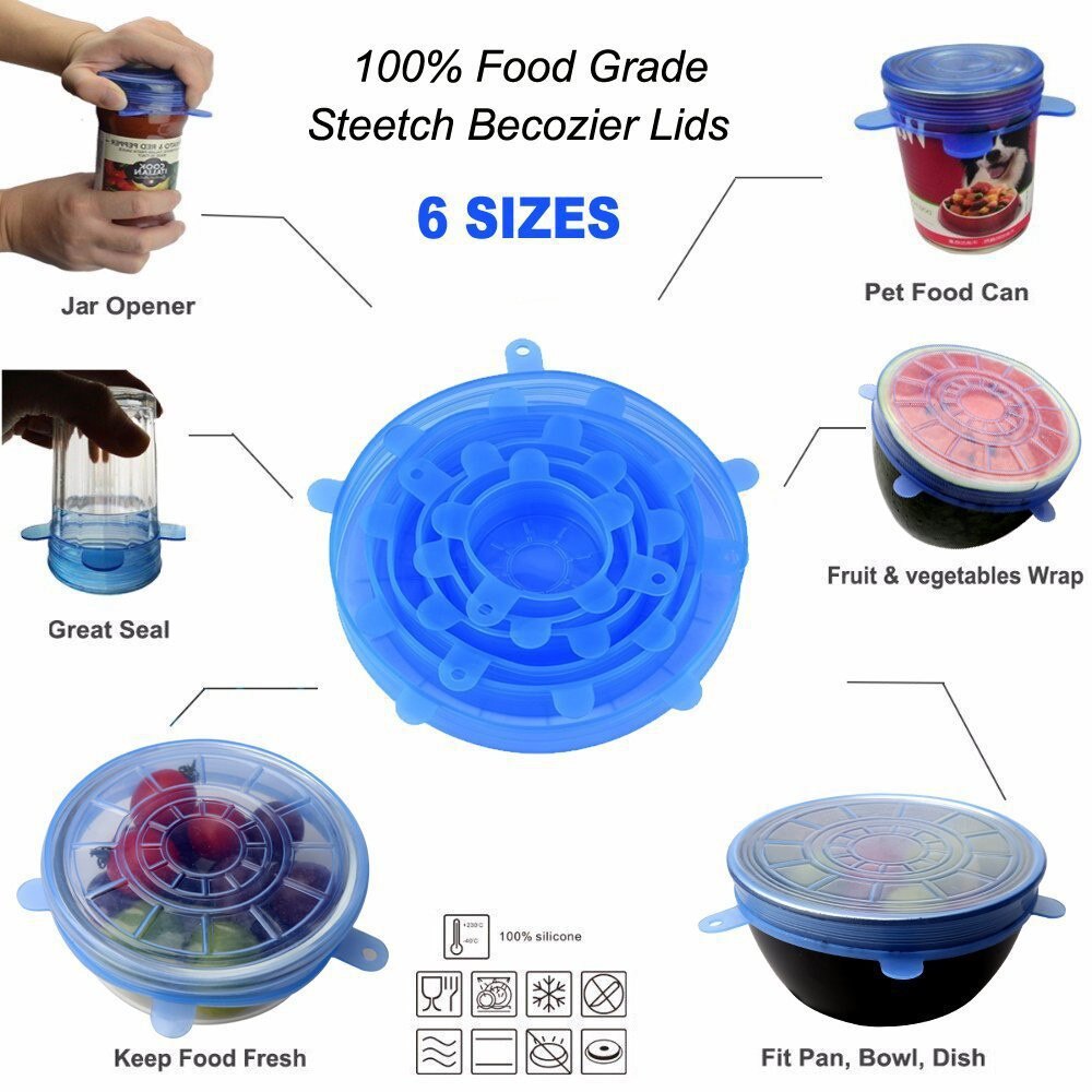 6pc Reusable Food-Grade Silicon Fresh-Keeping Cover Fruit Packaging Caps Flexible Vacuum Stretch Wrap Lids Kitchen Cookware Tool