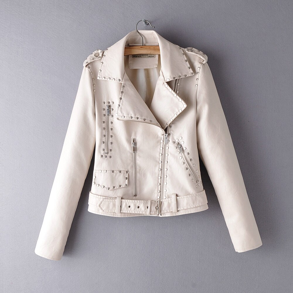 Chaqueta de cuero negro de piel de imitación de cuero de manga larga de motociclista de mujer chaquetas y abrigos casuales chaquetas cuero mujer: Blanco / XL