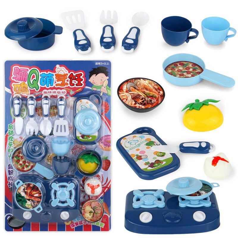 Casa de juego para niños, juguete de cocina, modelo educativo para niña, vajilla, conjunto de vajilla, puesto, superventas, cruzado: Kitchen Toy 18 Pieces Dark Blue