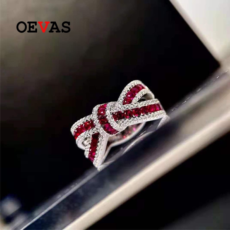 Oevas 100% 925 Sterling Zilver Robijn Hoge Carbon Diamond Strik Ringen Voor Vrouwen Sparkling Wedding Party Fijne Sieraden