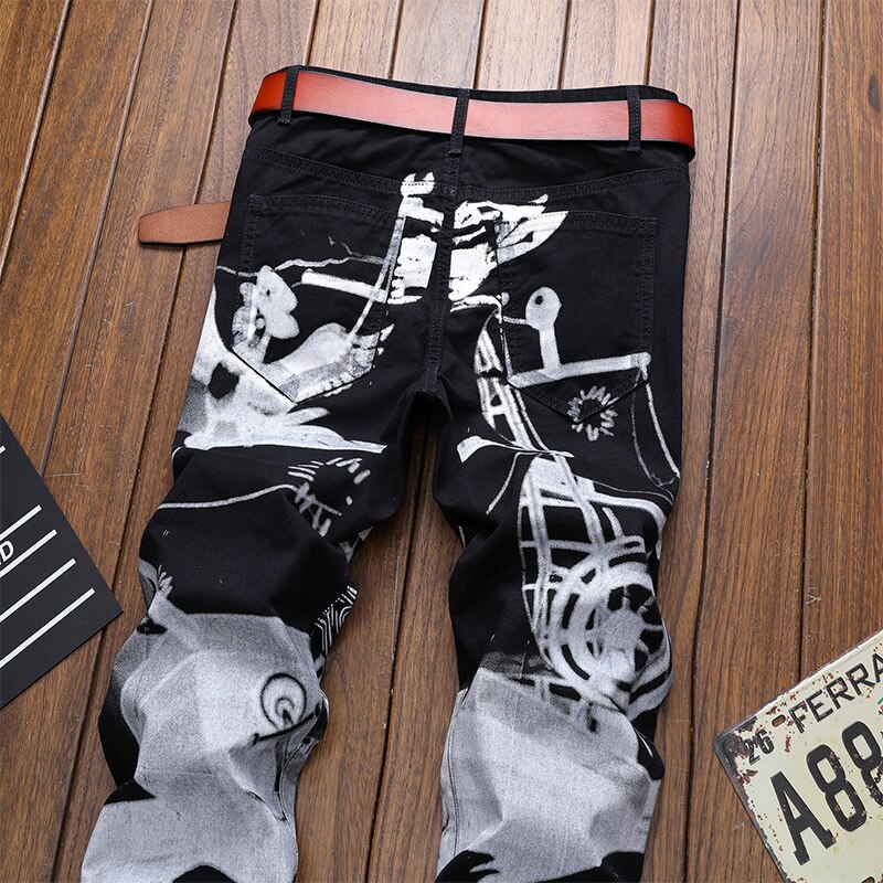 Print casual jeans bukser mænd slim fit denim bukser jean jogger mænd hip hop streetwear bukse tøj sort  wa108