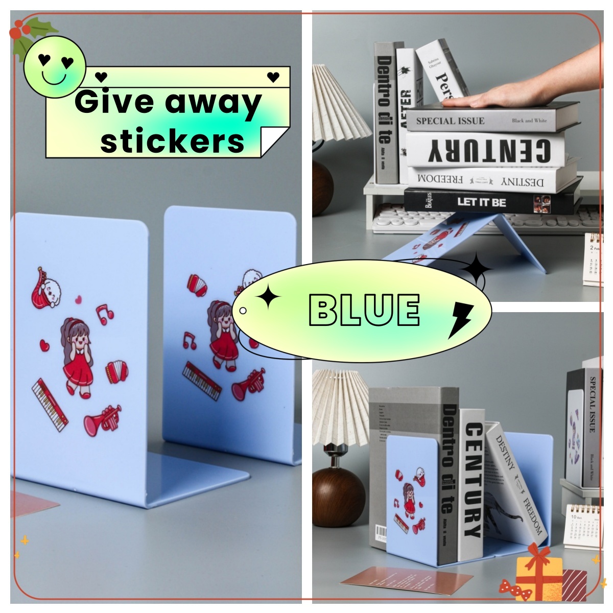 2-delige L-vormige boekenstandaard Bureauboekstandaard voor leren Desktop Boekenstandaard Boekclip Creatieve boekensteun in stijl: Blauw