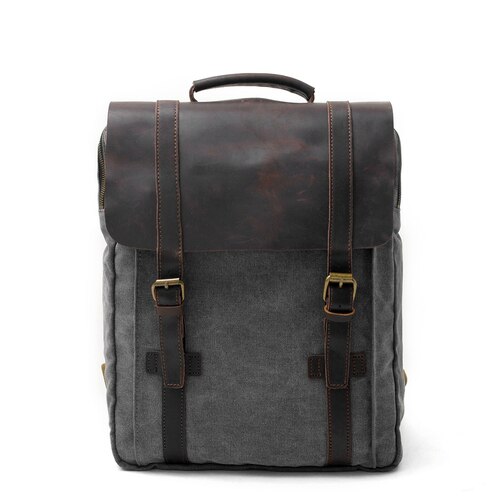 Muchuaneurope Mode Pure Katoenen Canvas Lederen Rugzakken 14 "Laptop Waterdichte Daypacks Grote Capaciteit Mannen Rugzakken Retro: Donkergrijs