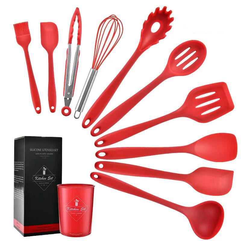 Siliconen Kookgerei Set Keukengerei Koken Sets Keuken Kit Accessoires Gadgets Gereedschap Met Houder Doos Anti-aanbak Milieuvriendelijke: GJCJ003-red-11pcs