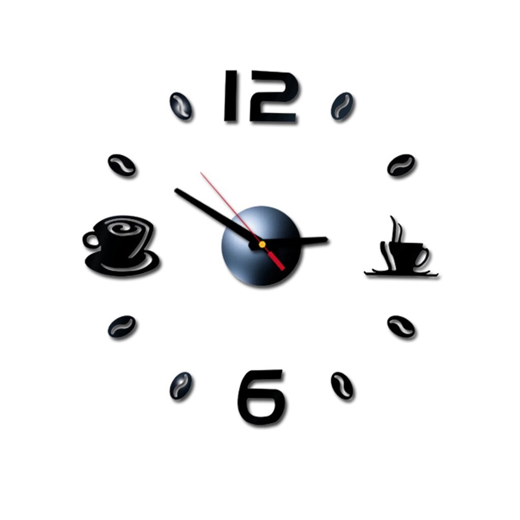 Coffee Cup Print 3d Clocks Diy Roman Numbers Acrylic Mirror Wall Sticker Clock Home Decor Mural Decals Часы Настенные: Black