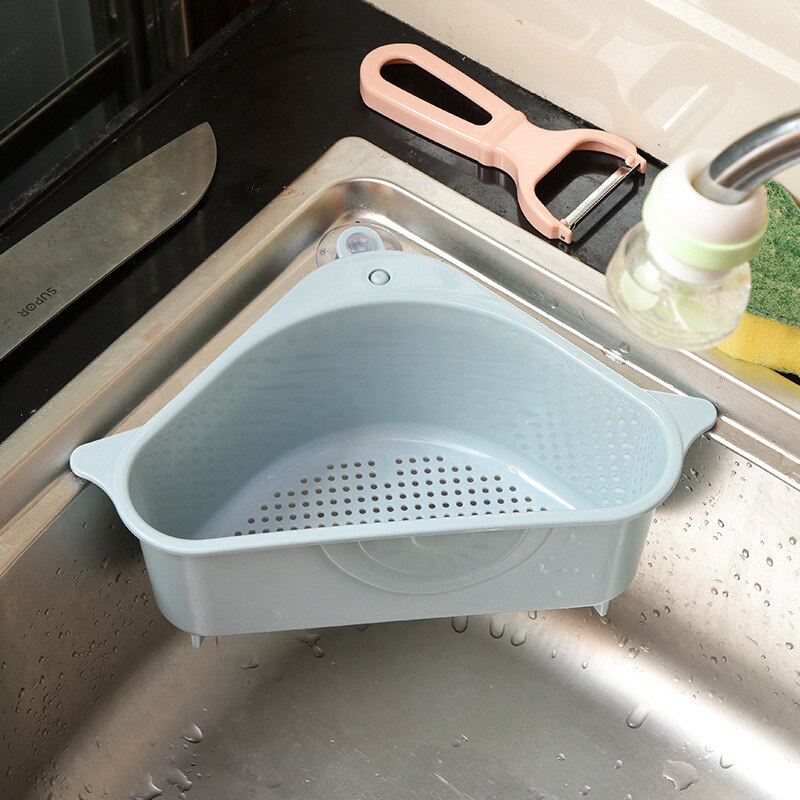 Multifunktionel hjørnevask afløbsstativ hylde sugekop vask afløbskurv skål svampholder køkken badeværelse opbevaringsholder: Blå
