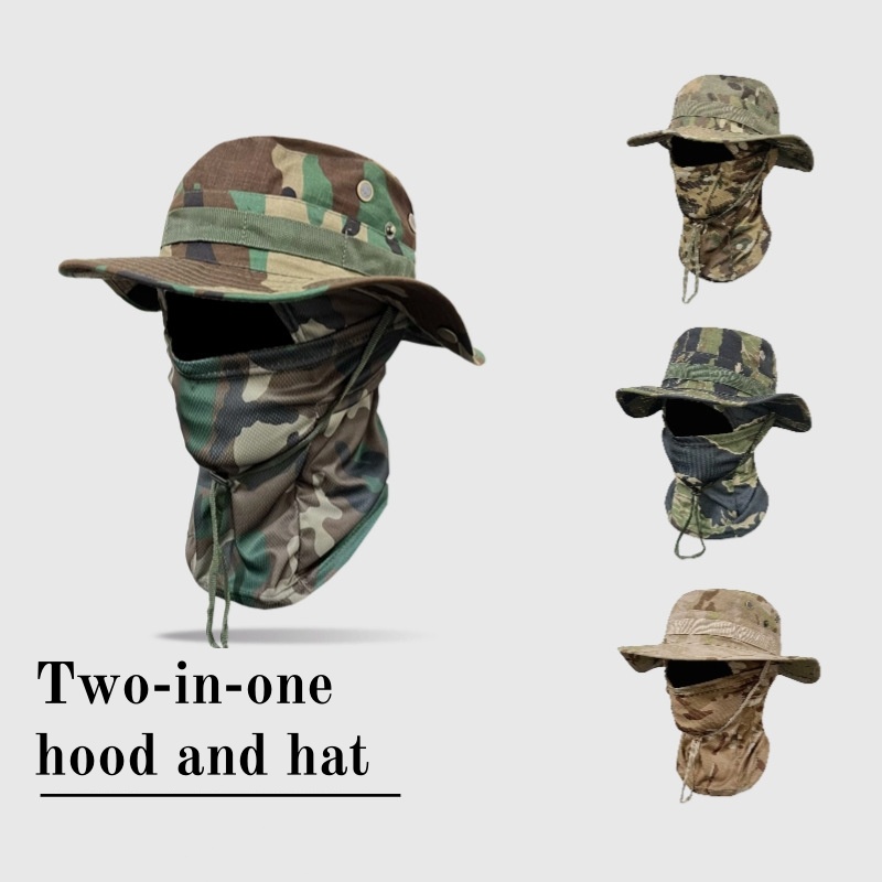 Camouflage hoed met ronde rand en capuchonset - multifunctionele vissershoed voor buiten (winddicht met trekkoord) | Boonie-hoed voor op reis,