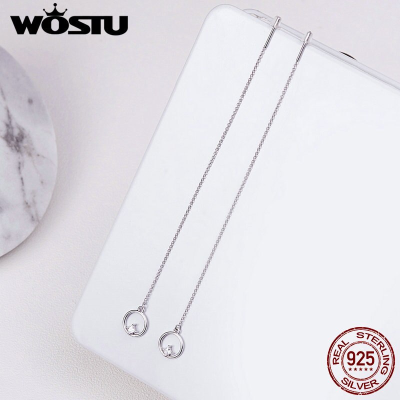 Wostu Originele 925 Sterling Zilveren Ronde Cirkel Met Clear Plein Zirconia Lange Oorbellen Voor Vrouwen Sieraden CQE080