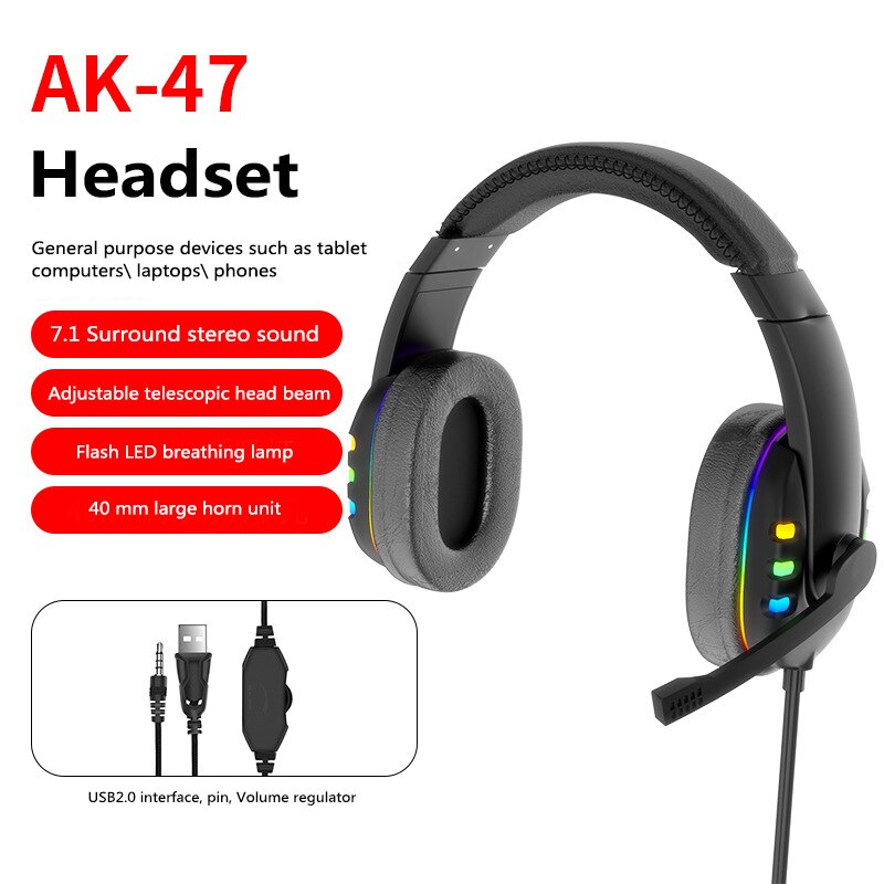 Head-mounted Wired Gaming Headset Colorful Glow LED Light Noise-canceling Microphon Stereo Headphones For Laptop Tablet Gamer: Ordinary