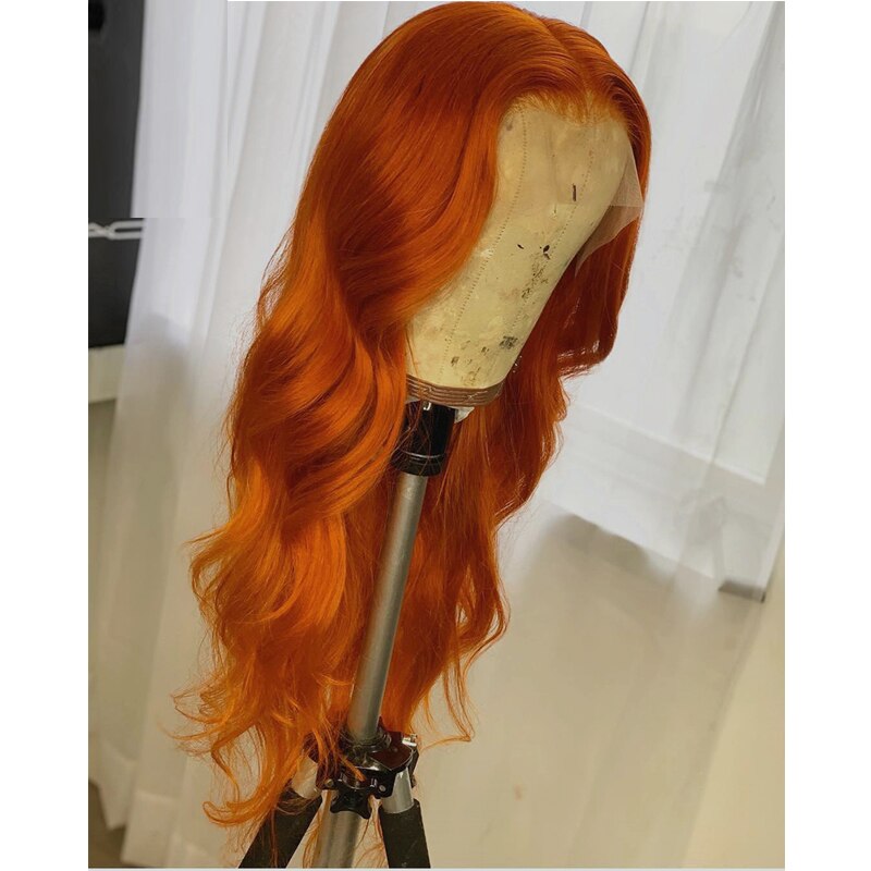 Gember Oranje Gekleurde Body Wave Synthetische Lace Front Pruiken Hoge Temperatuur Fiber Voor Zwarte Vrouwen Met Baby Haar Cosplay Pruik