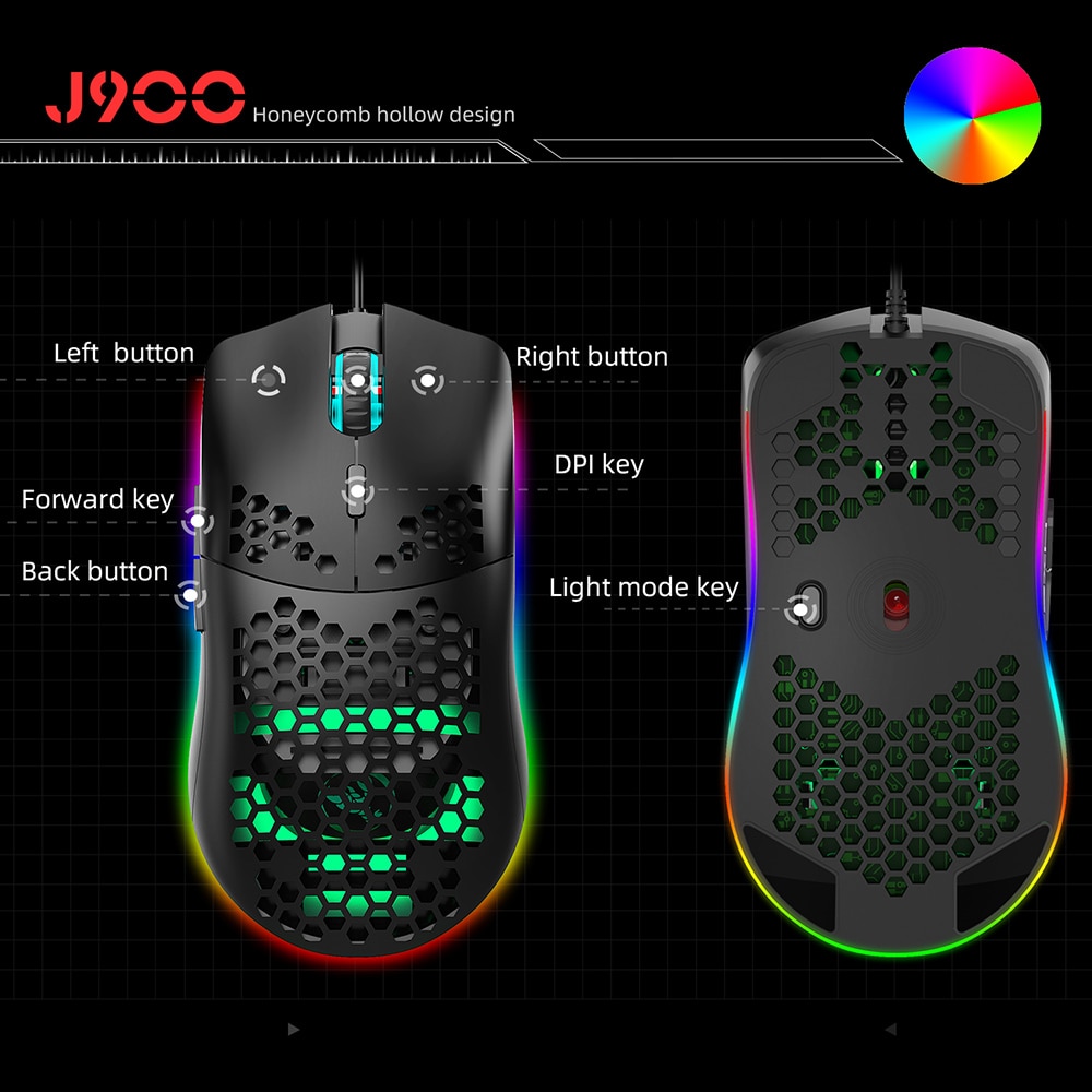 HXSJ J900 USB Wired Gaming Mouse RGB Gamer Mouses with Six Adjustable DPI Honeycomb Hollow Ergonomic for Desktop Laptop