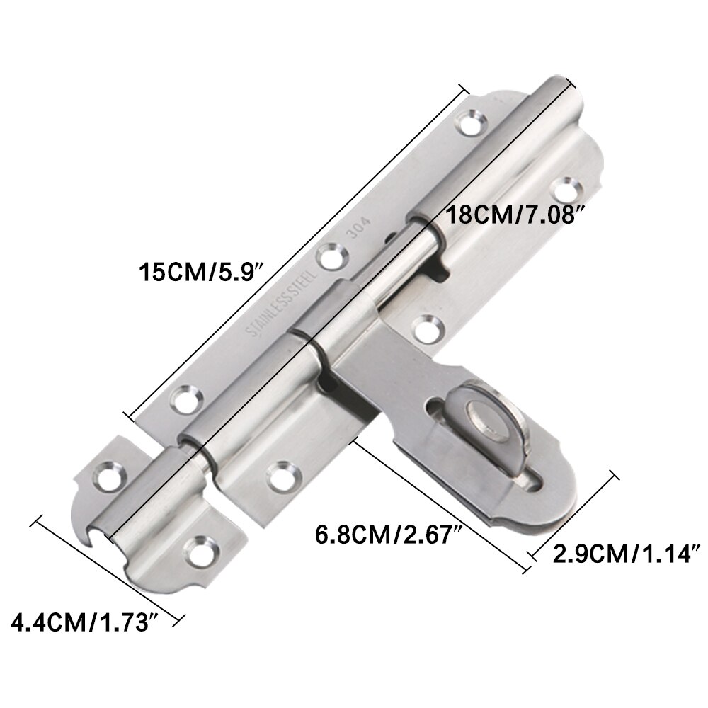 Door Lock, Heavy-Duty Thickened Brushed Stainless Steel Door Latch Slide Barrel Bolt Clasp (7.8")