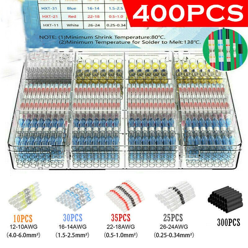 400Pcs Gemengde Krimpkous Connect Terminals Waterdichte Soldeer Mouw Buis Elektrische Draad Geïsoleerde Butt Connectors Kit